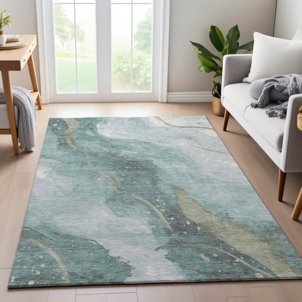 HomeRoots 9' X 12' Teal Green & Ivory Abstract Area Rug - Washable, UV-Protected, Durable & Stylish Design 694259