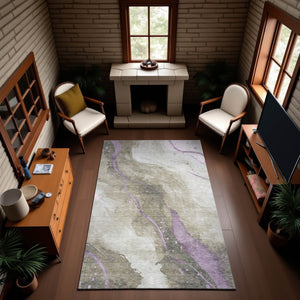 HomeRoots 5' X 8' Abstract Washable Area Rug in Soft Taupe, Lavender & Ivory with UV Protection & Non-Slip Backing 694262