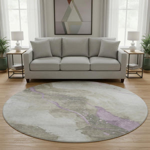 HomeRoots 8' X 8' Abstract Round Rug in Taupe, Lavender & Ivory – Washable, UV-Protected, Durable & Stylish! 694263