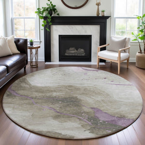 HomeRoots 8' X 8' Abstract Round Rug in Taupe, Lavender & Ivory – Washable, UV-Protected, Durable & Stylish! 694263