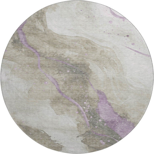 HomeRoots 8' X 8' Abstract Round Rug in Taupe, Lavender & Ivory – Washable, UV-Protected, Durable & Stylish! 694263