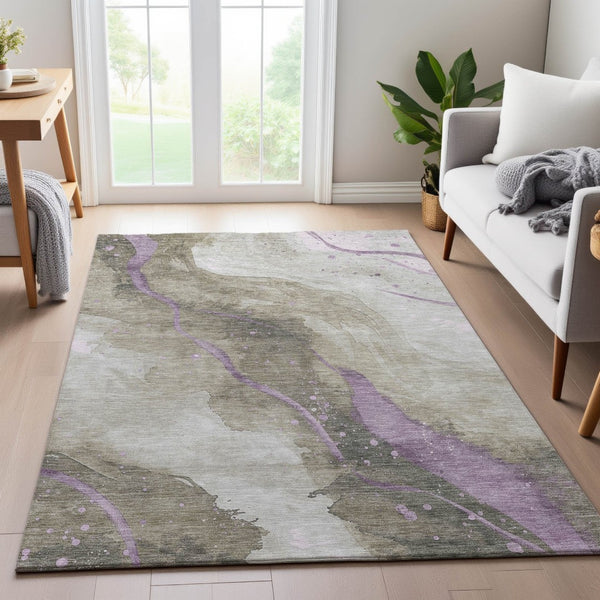 HomeRoots 9' X 12' Stylish Taupe Lavender Ivory Abstract Washable Area Rug with UV Protection & Easy Care 694265
