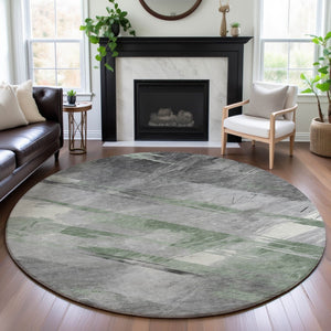 HomeRoots 8' X 8' Stylish Artichoke Green Striped Washable Round Rug with UV Protection for High-Traffic Spaces 694269