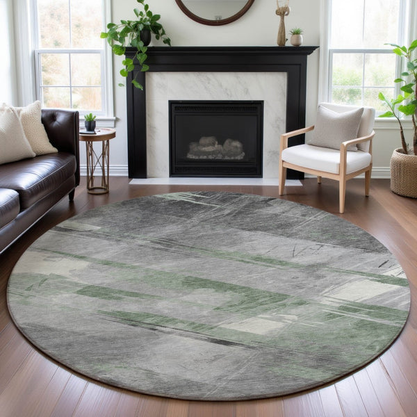 HomeRoots 8' X 8' Stylish Artichoke Green Striped Washable Round Rug with UV Protection for High-Traffic Spaces 694269