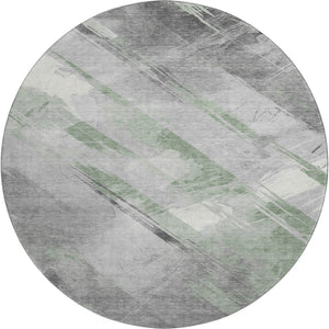 HomeRoots 8' X 8' Stylish Artichoke Green Striped Washable Round Rug with UV Protection for High-Traffic Spaces 694269