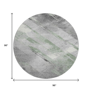 HomeRoots 8' X 8' Stylish Artichoke Green Striped Washable Round Rug with UV Protection for High-Traffic Spaces 694269