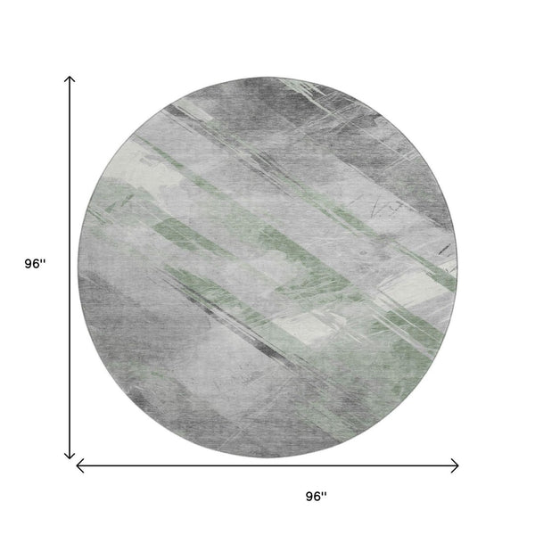 HomeRoots 8' X 8' Stylish Artichoke Green Striped Washable Round Rug with UV Protection for High-Traffic Spaces 694269
