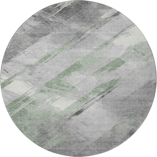 HomeRoots 8' X 8' Stylish Artichoke Green Striped Washable Round Rug with UV Protection for High-Traffic Spaces 694269