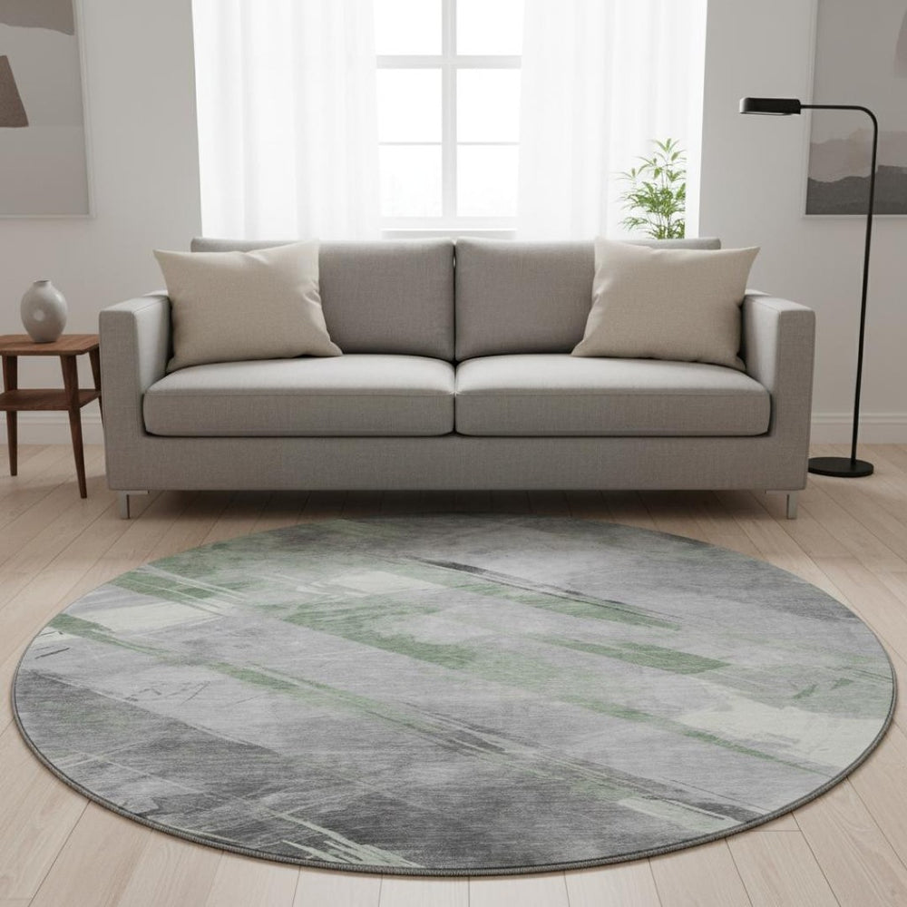 HomeRoots 8' X 8' Stylish Artichoke Green Striped Washable Round Rug with UV Protection for High-Traffic Spaces 694269