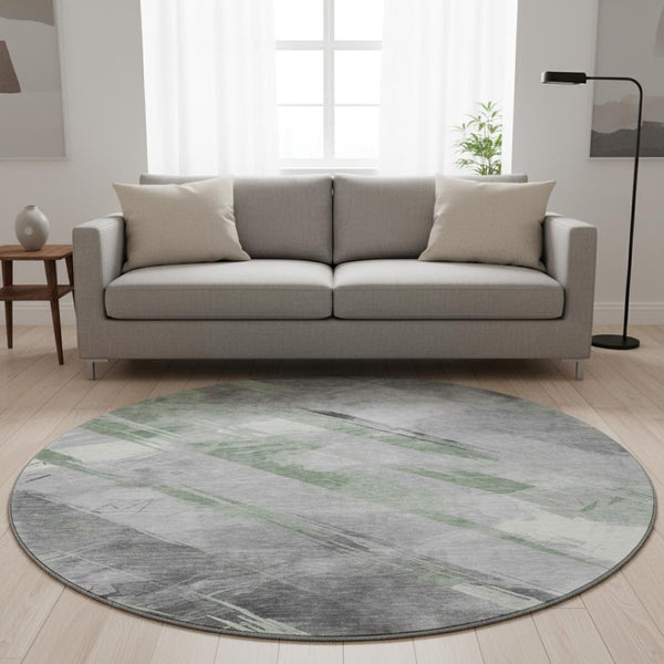 HomeRoots 8' X 8' Stylish Artichoke Green Striped Washable Round Rug with UV Protection for High-Traffic Spaces 694269