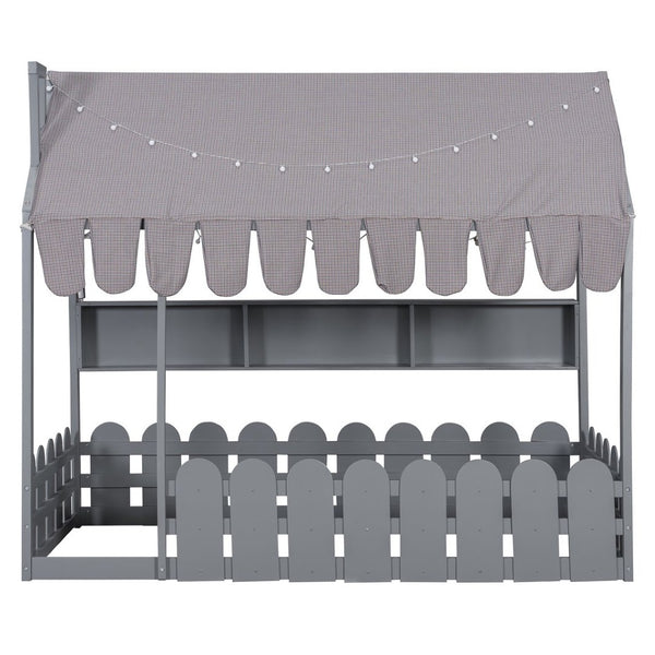 English Elm {slats Are Not Included} Twin Montessori House Floor Bed Kids Tent Lights Shelves Pinewood Frame Gray N708P407962E