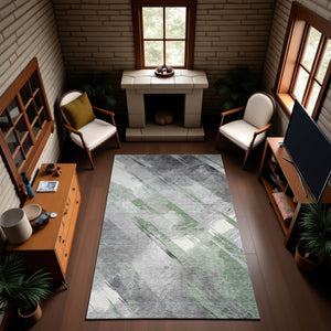 HomeRoots 9' X 12' Artichoke Green Striped Area Rug - Washable, UV Protected & Durable for High-Traffic Spaces 694271