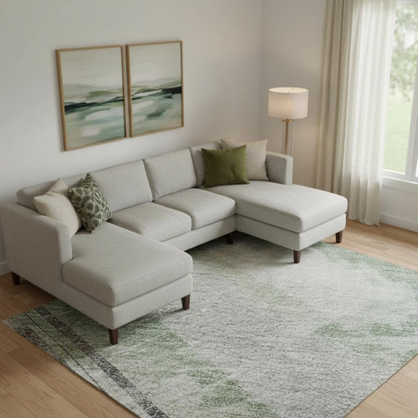 HomeRoots 10' X 14' Artichoke Green Charcoal Ivory Striped Washable Area Rug with UV Protection & Non-Slip Backing 694272