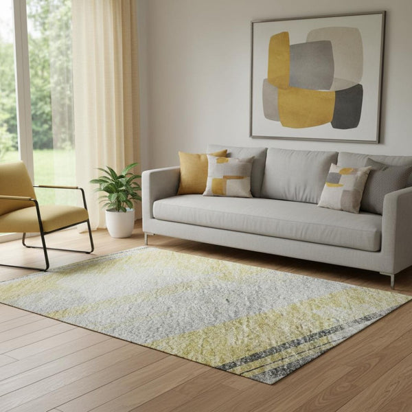 HomeRoots 5' X 8' Striped Area Rug in Gold, Gray & Ivory – Washable, UV-Protected, Stain-Resistant Design 694274