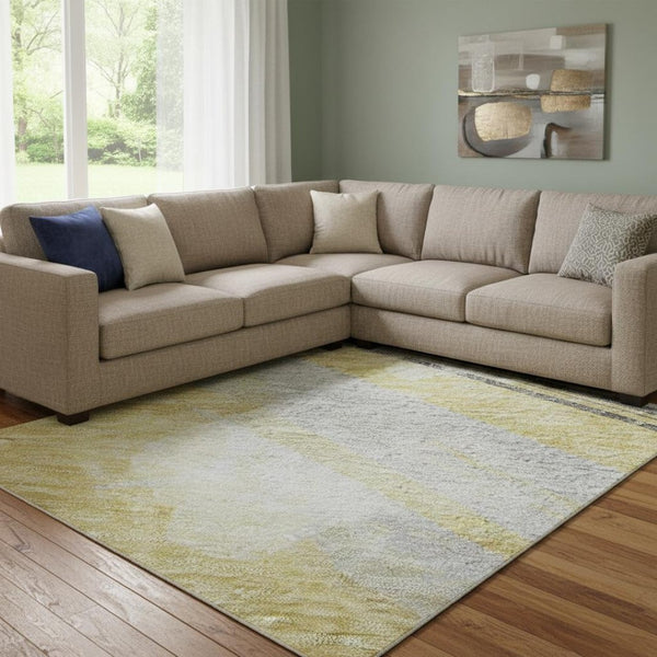 HomeRoots 8' Gold Gray Ivory Striped Washable Area Rug - UV Protected, Stain Resistant, Perfect for High-Traffic Spaces 694276