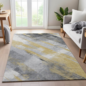HomeRoots 8' Gold Gray Ivory Striped Washable Area Rug - UV Protected, Stain Resistant, Perfect for High-Traffic Spaces 694276