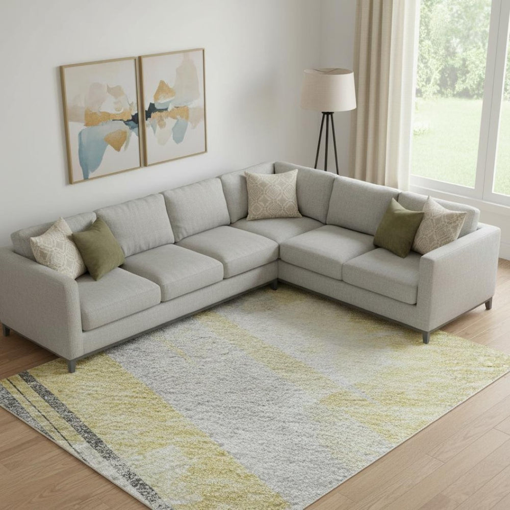 HomeRoots 9' X 12' Striped Area Rug in Gold, Gray & Ivory - Durable, Washable, UV Protected for Homes with Kids 694277