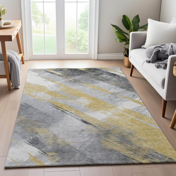 HomeRoots 9' X 12' Striped Area Rug in Gold, Gray & Ivory - Durable, Washable, UV Protected for Homes with Kids 694277