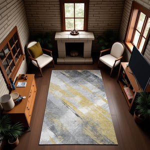 HomeRoots 10' X 14' Gold Gray Ivory Striped Area Rug - Washable, UV-Protected, Stylish for Busy Homes 694278