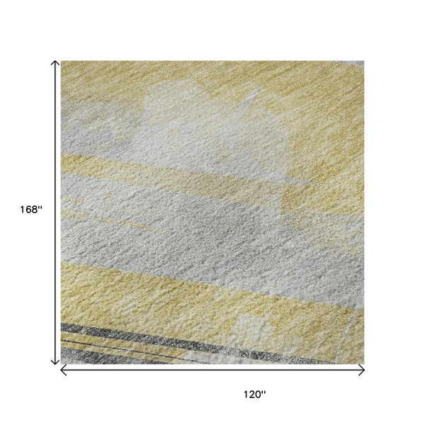 HomeRoots 10' X 14' Gold Gray Ivory Striped Area Rug - Washable, UV-Protected, Stylish for Busy Homes 694278