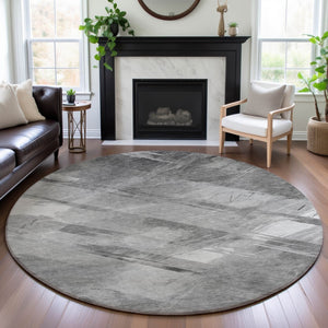 HomeRoots 8' Round Rug in Gray, Silver & Charcoal Stripes - Washable, UV-Protected, Durable & Stylish Design 694281