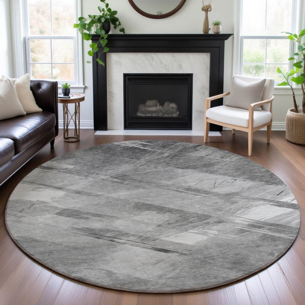 HomeRoots 8' Round Rug in Gray, Silver & Charcoal Stripes - Washable, UV-Protected, Durable & Stylish Design 694281