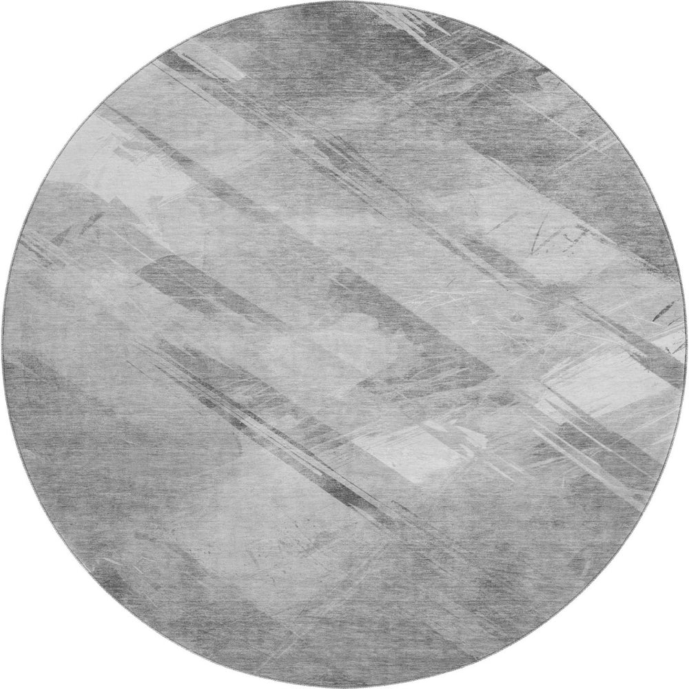 HomeRoots 8' Round Rug in Gray, Silver & Charcoal Stripes - Washable, UV-Protected, Durable & Stylish Design 694281