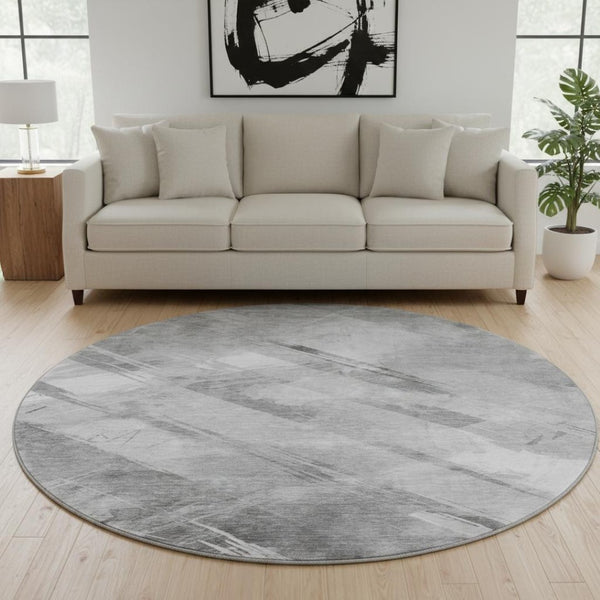 HomeRoots 8' Round Rug in Gray, Silver & Charcoal Stripes - Washable, UV-Protected, Durable & Stylish Design 694281