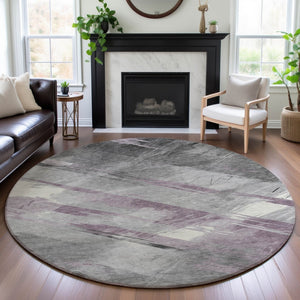 HomeRoots 8' X 8' Stylish Lavender Gray Striped Round Rug – Washable, UV-Protected, Durable & Non-Slip Design 694287