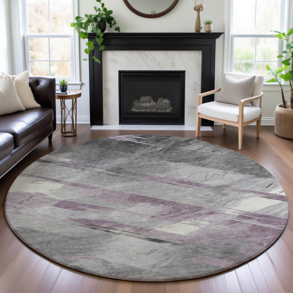 HomeRoots 8' X 8' Stylish Lavender Gray Striped Round Rug – Washable, UV-Protected, Durable & Non-Slip Design 694287
