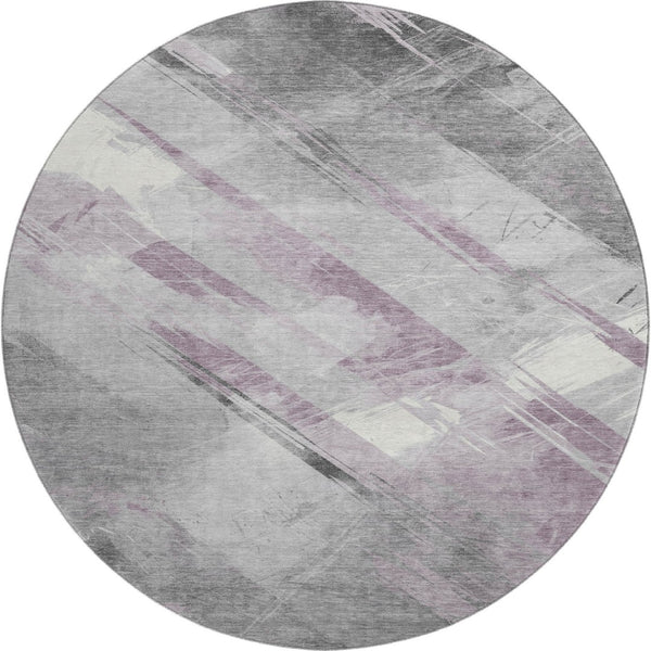 HomeRoots 8' X 8' Stylish Lavender Gray Striped Round Rug – Washable, UV-Protected, Durable & Non-Slip Design 694287