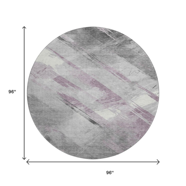 HomeRoots 8' X 8' Stylish Lavender Gray Striped Round Rug – Washable, UV-Protected, Durable & Non-Slip Design 694287