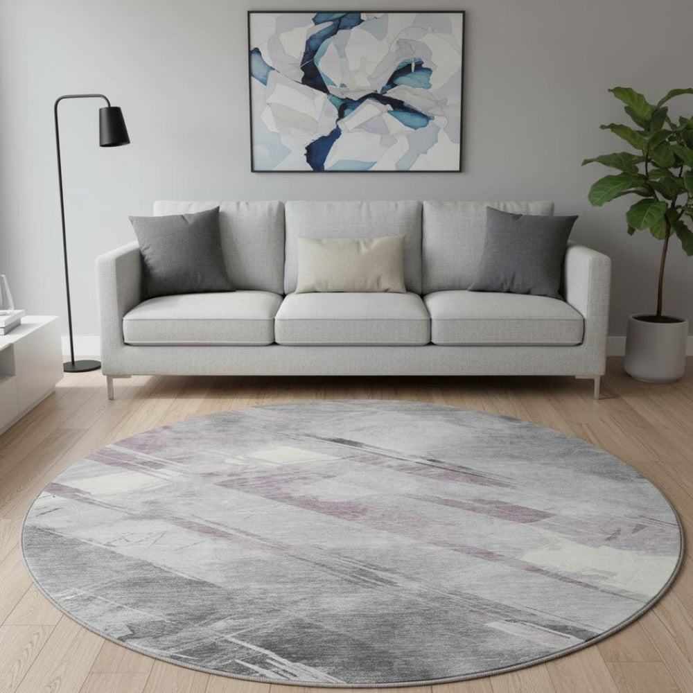HomeRoots 8' X 8' Stylish Lavender Gray Striped Round Rug – Washable, UV-Protected, Durable & Non-Slip Design 694287