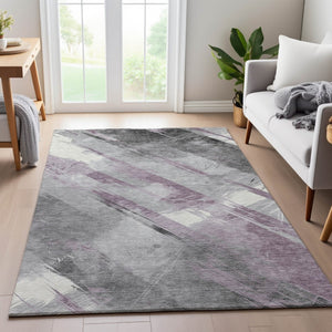 HomeRoots 9' X 12' Stylish Lavender Gray & Silver Striped Washable Area Rug with UV Protection & Durability 694289