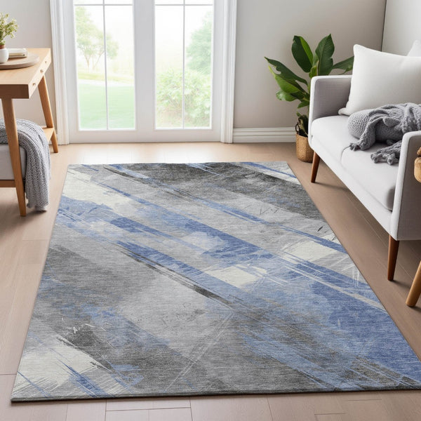 HomeRoots 5' X 8' Striped Sky Blue, Gray & Silver Washable Area Rug with UV Protection for Stylish Living Spaces 694292