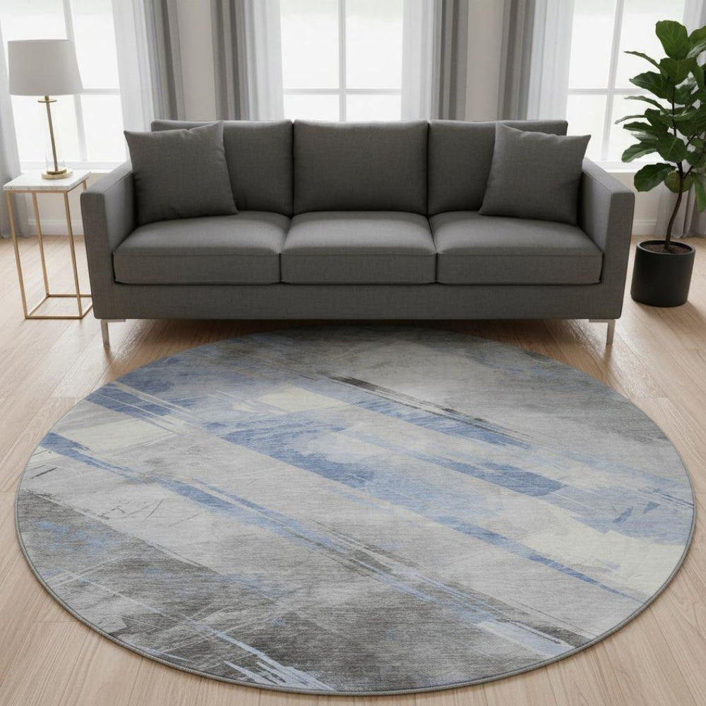 HomeRoots 8' X 8' Sky Blue, Gray & Silver Striped Washable Round Rug - Durable, UV-Protected & Stylish Design 694293