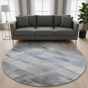HomeRoots 8' X 8' Sky Blue, Gray & Silver Striped Washable Round Rug - Durable, UV-Protected & Stylish Design 694293