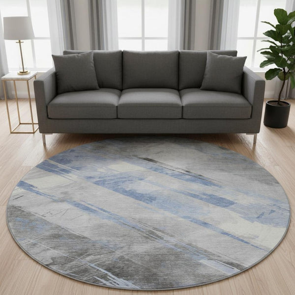 HomeRoots 8' X 8' Sky Blue, Gray & Silver Striped Washable Round Rug - Durable, UV-Protected & Stylish Design 694293