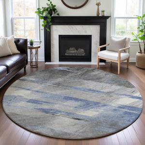 HomeRoots 8' X 8' Sky Blue, Gray & Silver Striped Washable Round Rug - Durable, UV-Protected & Stylish Design 694293