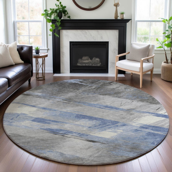 HomeRoots 8' X 8' Sky Blue, Gray & Silver Striped Washable Round Rug - Durable, UV-Protected & Stylish Design 694293