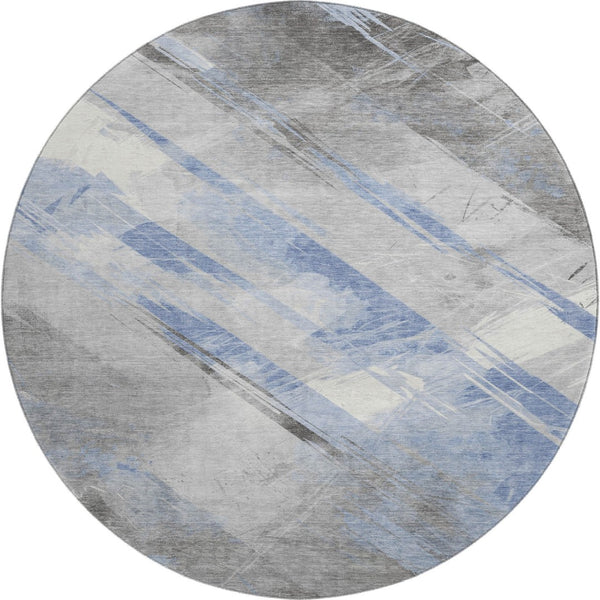 HomeRoots 8' X 8' Sky Blue, Gray & Silver Striped Washable Round Rug - Durable, UV-Protected & Stylish Design 694293