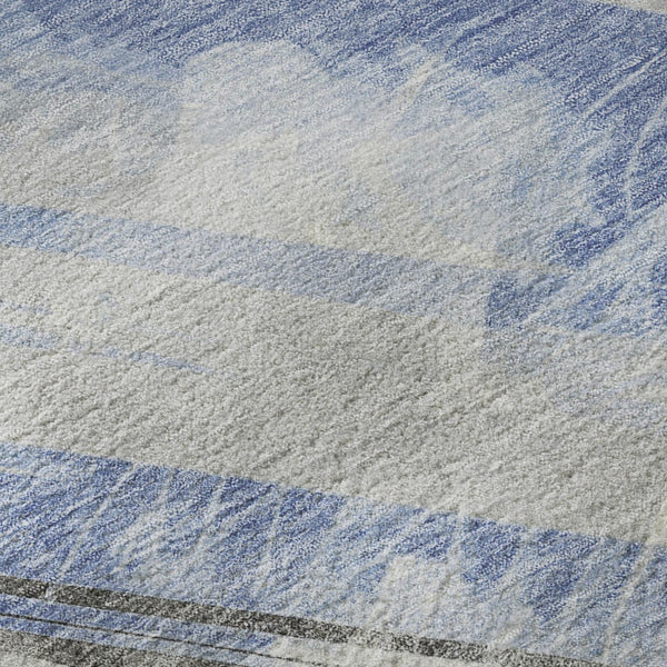 HomeRoots 8' X 8' Sky Blue, Gray & Silver Striped Washable Round Rug - Durable, UV-Protected & Stylish Design 694293