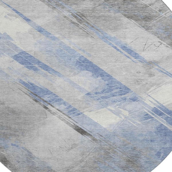 HomeRoots 8' X 8' Sky Blue, Gray & Silver Striped Washable Round Rug - Durable, UV-Protected & Stylish Design 694293