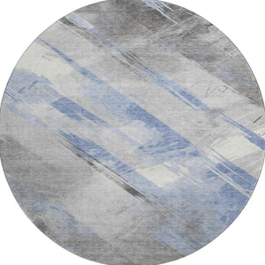 HomeRoots 8' X 8' Sky Blue, Gray & Silver Striped Washable Round Rug - Durable, UV-Protected & Stylish Design 694293