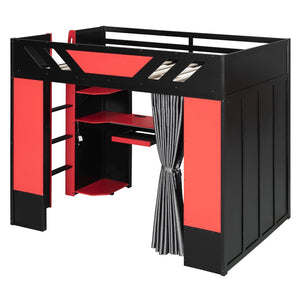English Elm Full Size Loft Bed with Desk Blackout Curtains Rgb Lighting and Integrated Storage Black+Red LT000377AAJ