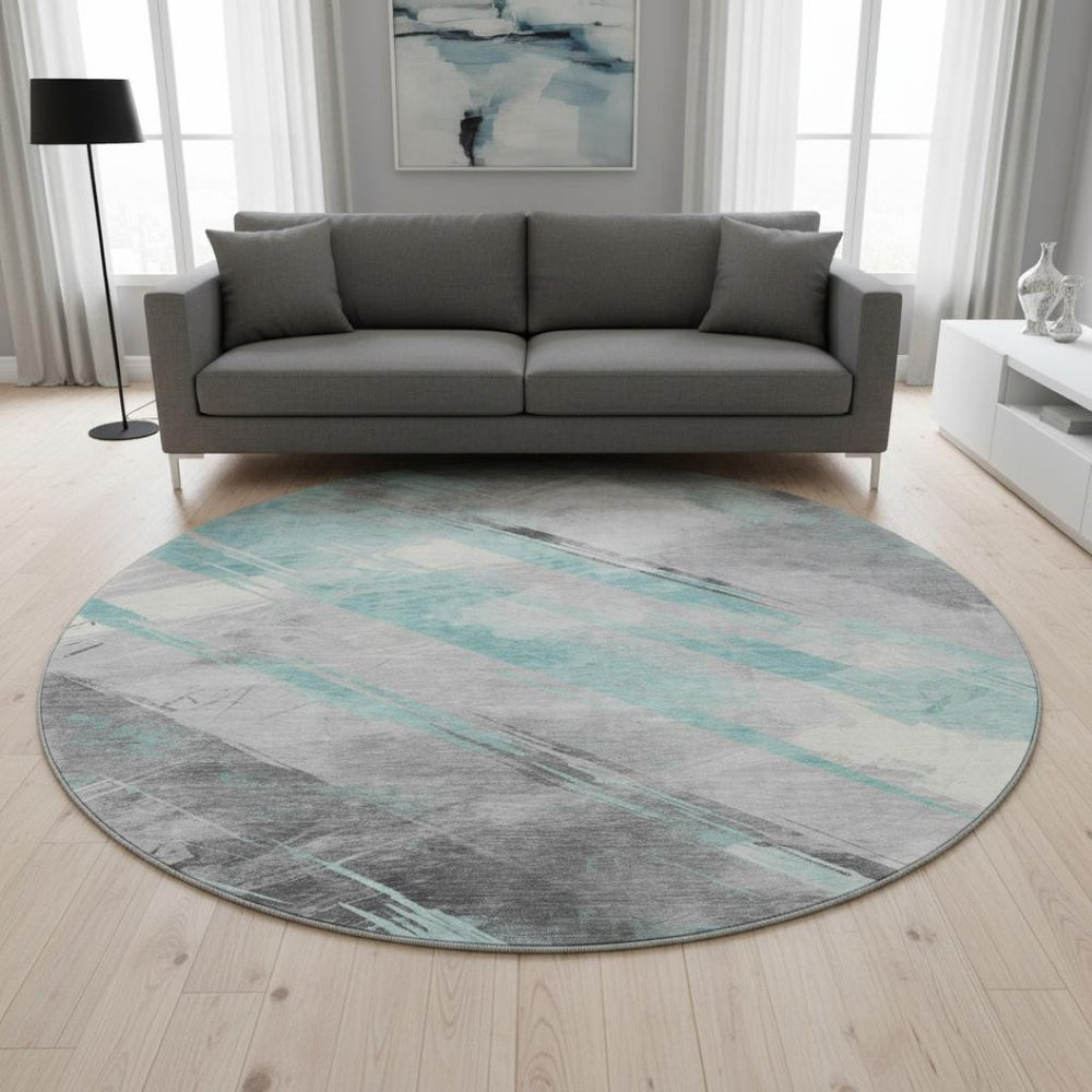 HomeRoots 8' Teal Gray & Silver Striped Washable Round Rug with UV Protection for Stylish, Cozy Living Spaces 694299