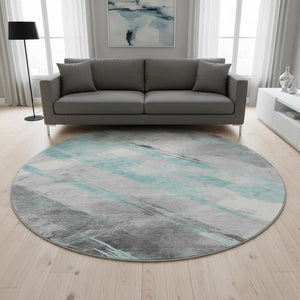 HomeRoots 8' Teal Gray & Silver Striped Washable Round Rug with UV Protection for Stylish, Cozy Living Spaces 694299