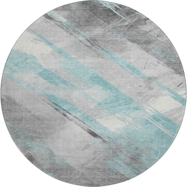 HomeRoots 8' Teal Gray & Silver Striped Washable Round Rug with UV Protection for Stylish, Cozy Living Spaces 694299