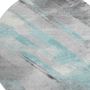 HomeRoots 8' Teal Gray & Silver Striped Washable Round Rug with UV Protection for Stylish, Cozy Living Spaces 694299
