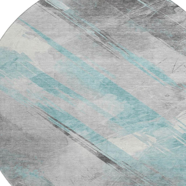 HomeRoots 8' Teal Gray & Silver Striped Washable Round Rug with UV Protection for Stylish, Cozy Living Spaces 694299